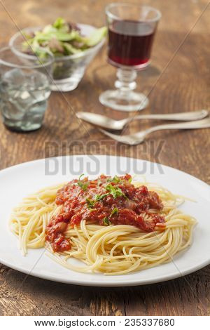 Spaghetti With Tomato Sauce On A Plate