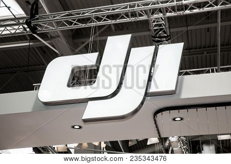 Hannover, Germany - March, 2017: Dji Company Logo Sign On Exhibition Fair Cebit 2017 In Hannover Mes