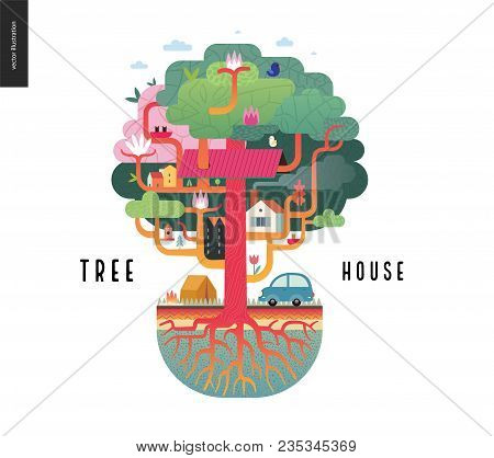 Tree House Concept - A Tree With Houses, Birds, Nest, Flowers And Birdhouse On It, A Car And Tent Wi