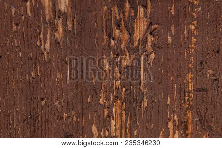 Old Wooden Board, Brown Paint Drops Off The Board.
