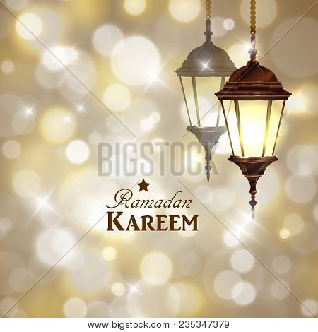 Intricate Arabic Lamps With Lights For Ramadan Kareem On Golden Magical Bokeh Background Vector