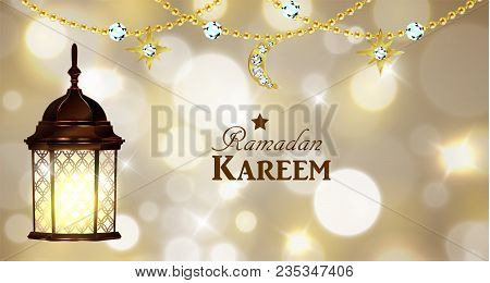 Intricate Arabic Lamp With Lights For Ramadan Kareem On Golden Magical Bokeh Background Vector