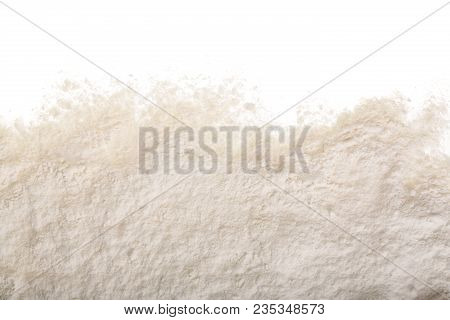 Pile Of Flour Isolated On White Background. Top View. Flat Lay.