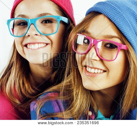 Best Friends Teenage Girls Together Having Fun, Posing Emotional On White Background, Besties Happy 