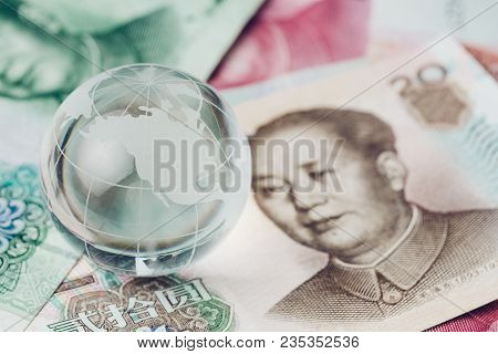 Us And China Trade War, Tariff, Tax Barrier, Decoraton Glass Globe With The Side Of United States Ma