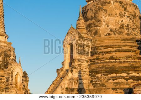 Detail Of Ancient Ruins Of Wat Phra Si Sanphet Temple. Wat Phra Si Sanphet Is Unesco World Heritage 