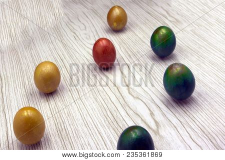 Easter Food. Easter Composition.easter Cake With Colored Eggs, Candles And Twig With Decorative Smal