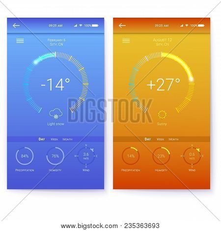 Ui Of Mobile App Page Of Weather. Summer And Winter Layout For Mobile Apps. Gui Design For Responsiv