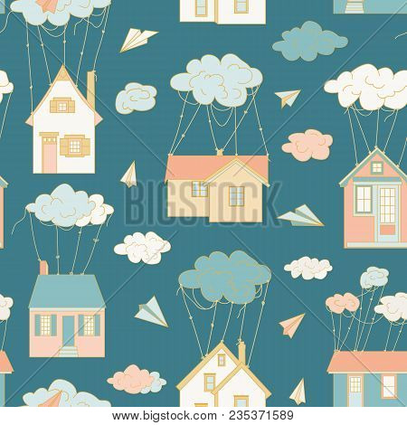 At Home Like Balloons. Houses Fly In The Clouds. The Clouds Are Harnessed. Flying Houses. Children S