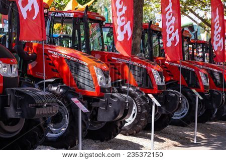 Novi Sad, Serbia: May 9. 2015 - Novi Sad Agro Fair With People And Fair Show. Modern Tractors And Ha