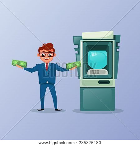 Rich Business Man Holding Money Cash Over Atm Machine Background Flat Vector Illustration