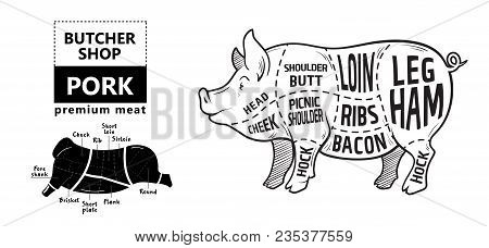 Cut Of Meat Set. Poster Butcher Diagram, Scheme And Guide - Pork. Vintage Typographic Hand-drawn On 