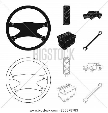 Traffic Light, Old Car, Battery, Wrench, Car Set Collection Icons In Black, Outline Style Vector Sym