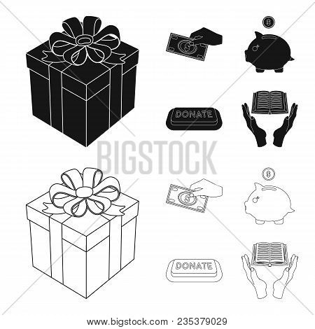 Hand With Money For Poshestvovaniya, A Piggy Bank For Charity, A Button With An Inscription, A Book 