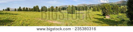 Beautiful Summer Panorama Of The Top Of The Altai Krai Mountains.