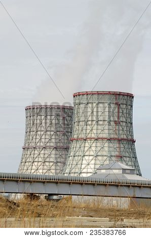 Large Cooling Pipes At The Thermal Power Plant.inside Them Steam Is Cooled And Condensed Water.