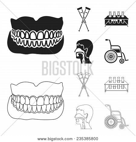 Crutch, Tripod With Test Tubes, Wheelchair, Human Respiratory System. Medicine Set Collection Icons 
