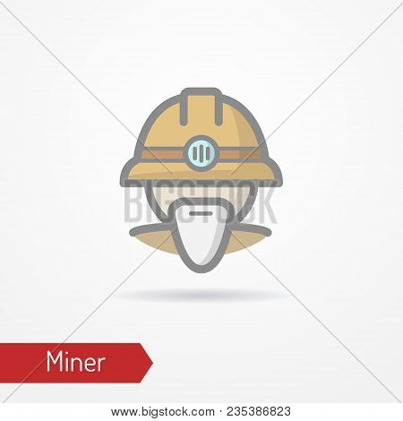 Typical Simplistic Miner Face In Professional Helmet With Light. Miner Or Digger Head Isolated Icon 