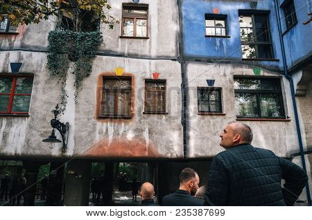 Vienna, Austria - 01 October, 2017: The View Of Facade Of Hundertwasser House With Multicolored Wall