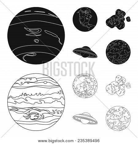 Moon, Venus Of The Planet Of The Solar System. Nil, A Meteorite. Planets Set Collection Icons In Bla