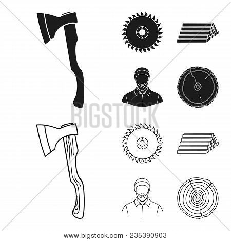 Circular Saw, A Working Carpenter, A Stack Of Logs. A Sawmill And Timber Set Collection Icons In Bla