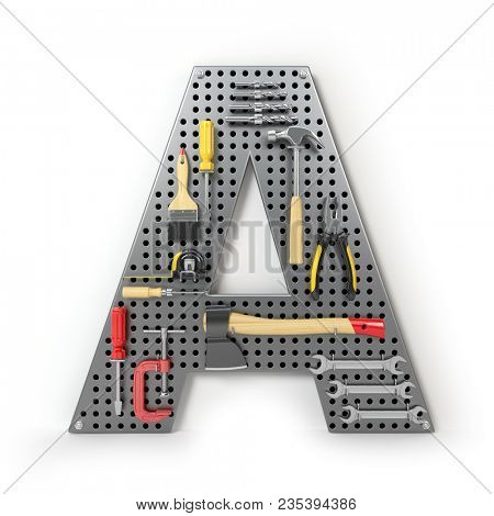 Letter A. Alphabet from the tools on the metal pegboard isolated on white. 3d illustration