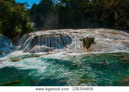 Amazing Turquoise-blue Water Of The Waterfall Agua Azul In Chiapas, Palenque, Mexico. Beautiful Scen