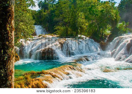 Beautiful Landscape With Waterfall Agua Azul, Chiapas, Palenque, Mexico