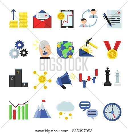 Business Icon Set In Flat Style. Vector Business Symbol And Icon, Money And Idea, Target And Reward 