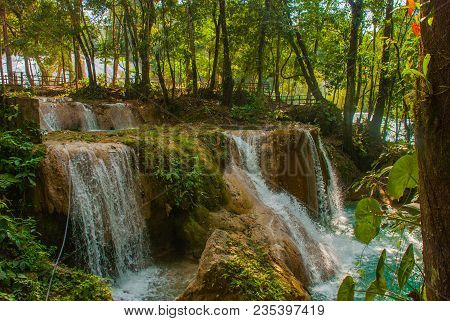 Magnificent Waterfall In Mexico, Beautiful Scenery Overlooking The Waterfall Agua Azul Near Palenque