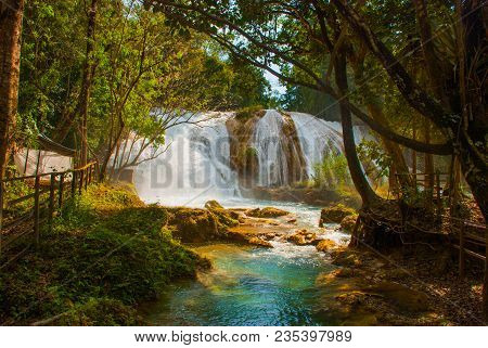 Waterfall In Mexico. Stunning Waterfall Agua Azul Near Palenque, State Chiapas