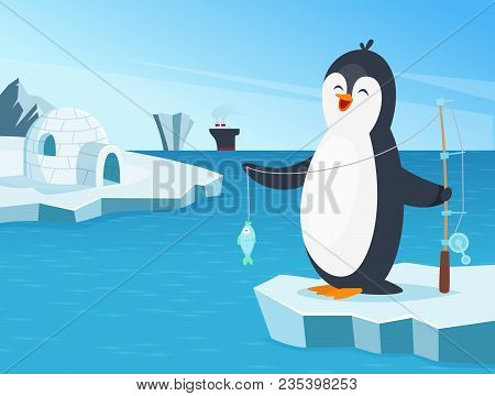 Illustration Of Little Penguin Fishing In The North. Penguin Fishing In Cold, Bird Animal Funny Fish