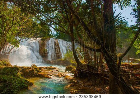 Waterfall In Mexico. Stunning Waterfall Agua Azul Near Palenque, State Chiapas. Wonder Of Nature.