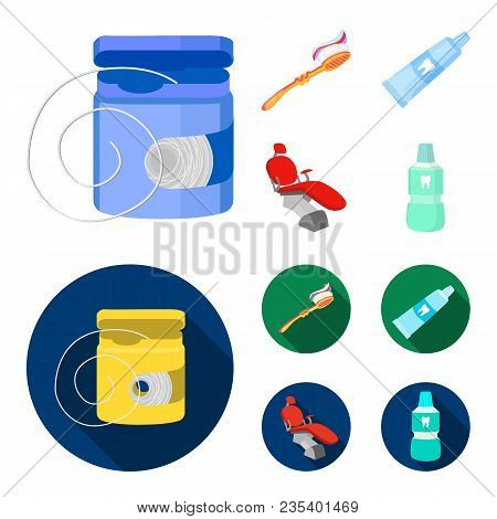Dental Floss, Toothbrush, Toothpaste, Dental Chair. Dental Care Set Collection Icons In Cartoon, Fla