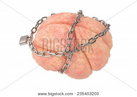 A Brain Bound By Chains Isolated On White Background. 3d Illustration.