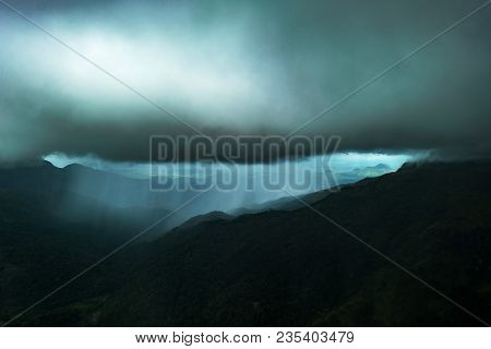 Dramatic View In The Mountains During Heavy Rain In Sri Lanka. There Are Very Dark Clouds And Stream