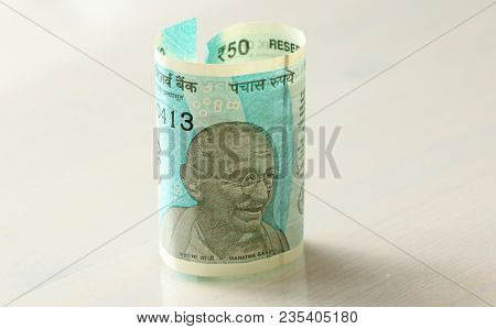 A New Banknote Of India With A Denomination Of 50 Rupees. Indian Currency. Portrait Of Mahatma Gandh