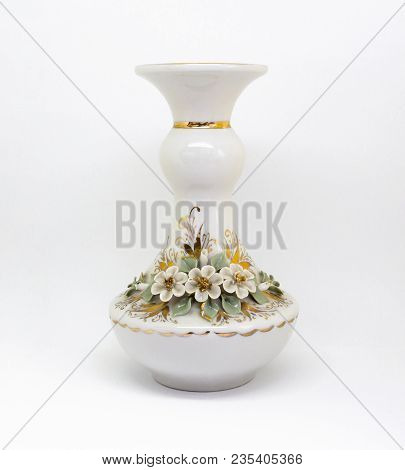 White Ceramic Porcelain Rich Decorated Vase With Roses And Gold Pattern Isolated On White