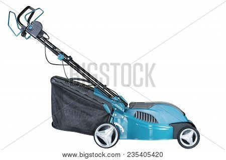 Lawn Mower Electric On Wheels Turquoise Colour With A Bag Of Grass Collector Isolated On White Backg