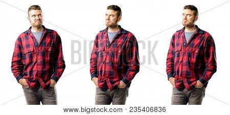 Young man making funny face fooling isolated over white background, collage composition
