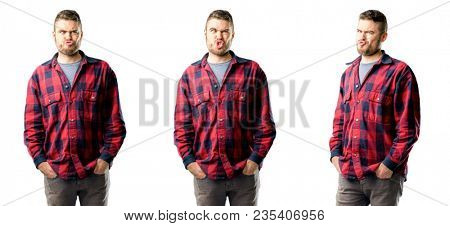 Young man making funny face fooling isolated over white background, collage composition