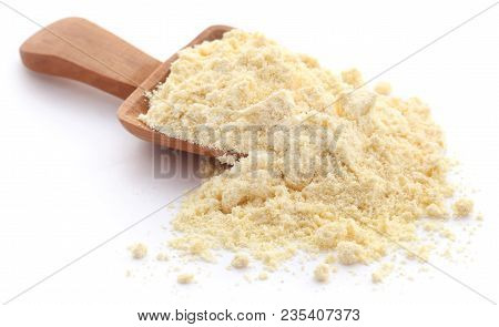 Closeup Of Gram Flour Closeup Over White Background