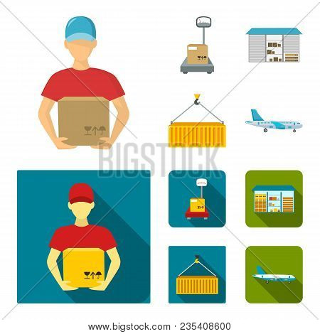 Courier, Scales, Container, Warehouse.logistic, Set Collection Icons In Cartoon, Flat Style Vector S