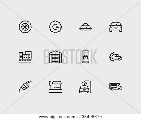 Auto Icons Set. Bus Stop And Auto Icons With Fuel Pump, Car Logo And Car Garage. Set Of Elements Inc