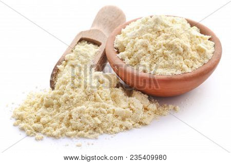 Closeup Of Gram Flour Closeup Over White Background