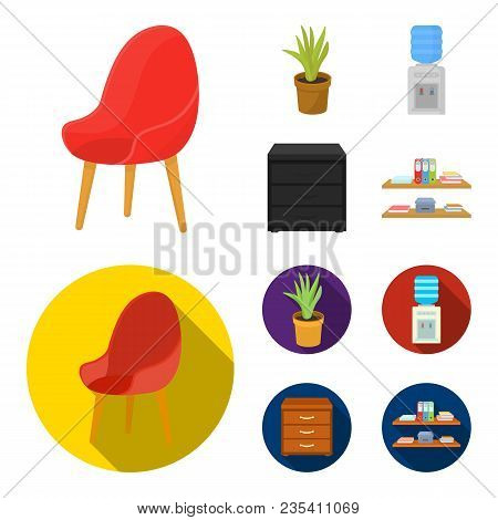 A Red Chair With A Comfortable Back, An Aloe Flower In A Pot, An Apparatus With Clean Water, A Cabin