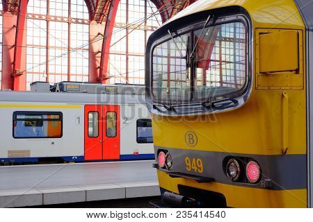 Editorial Picture Of Tourists And Commuters Travelling By Train Seen In The Inside Of The Antwerp Ce