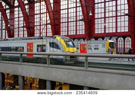 Editorial Picture Of Tourists And Commuters Travelling By Train Seen In The Inside Of The Antwerp Ce