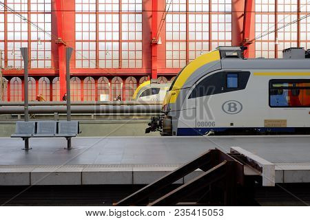 Editorial Picture Of Tourists And Commuters Travelling By Train Seen In The Inside Of The Antwerp Ce