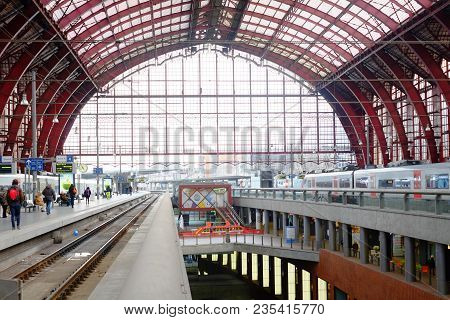 Editorial Picture Of Tourists And Commuters Travelling By Train Seen In The Inside Of The Antwerp Ce